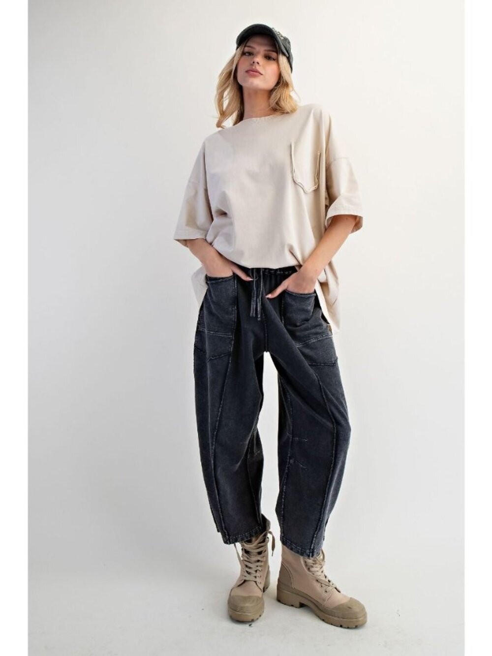 Eryn Mineral Washed Terry Knit Barrel Pants in Black Large